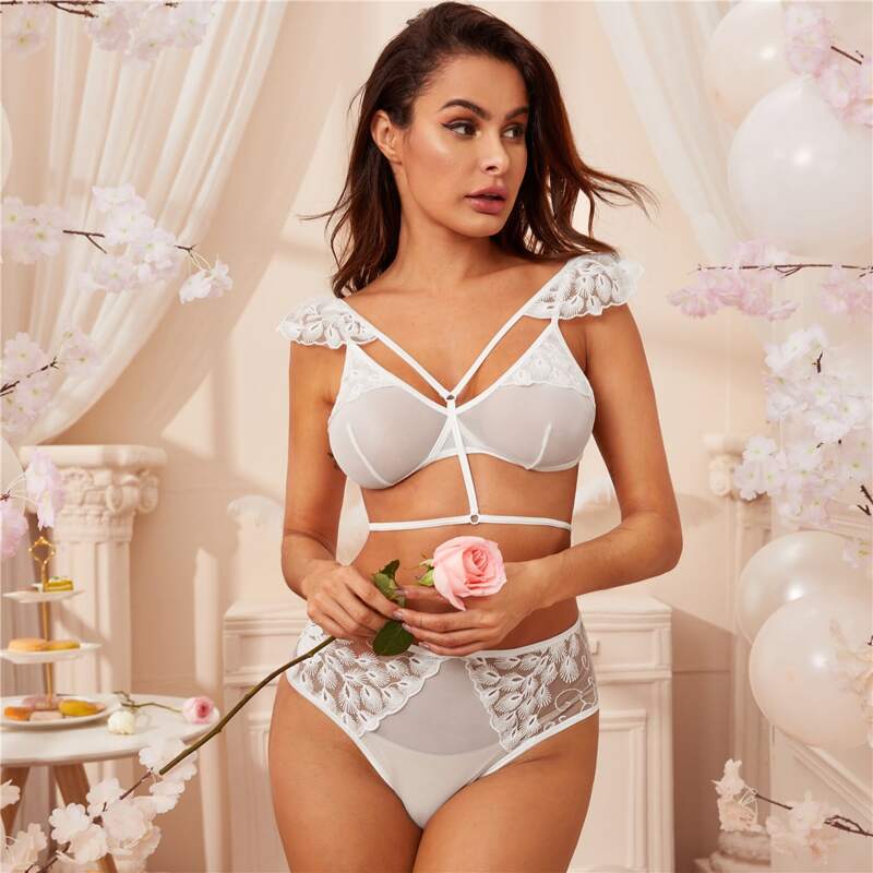 

Embroidery Mesh Harness Lingerie Set, White