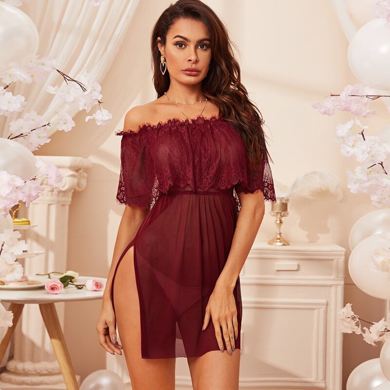 

Contrast Lace Flounce Mesh Dress, Burgundy