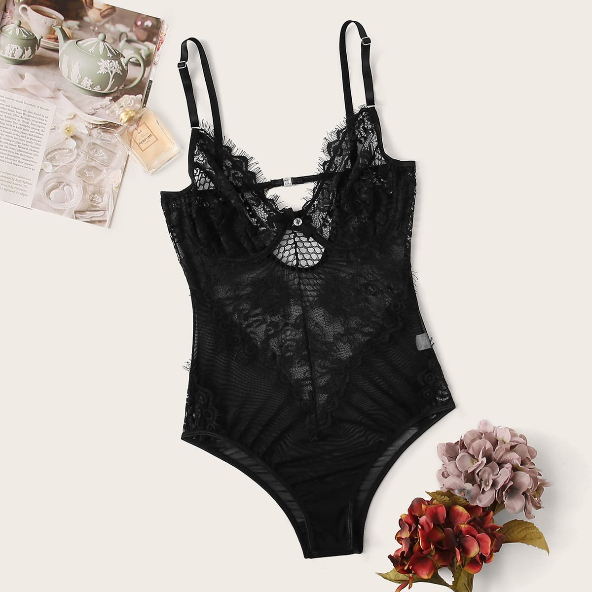 

Contrast Lace Sheer Teddy Bodysuit, Black