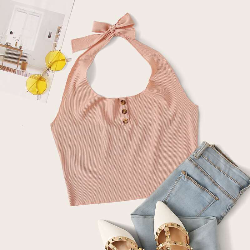 Button Ribbed Halter Pink Top