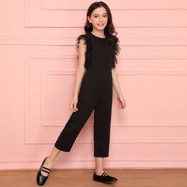 

Girls Guipure Lace Applique Dobby Mesh Ruffle Armhole Jumpsuit, Black