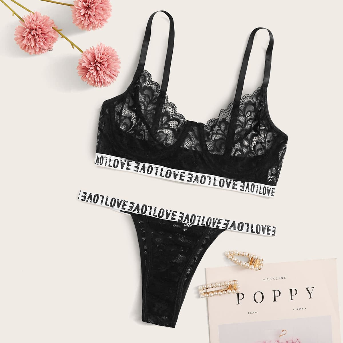 

Floral Lace Letter Tape Lingerie Set, Black