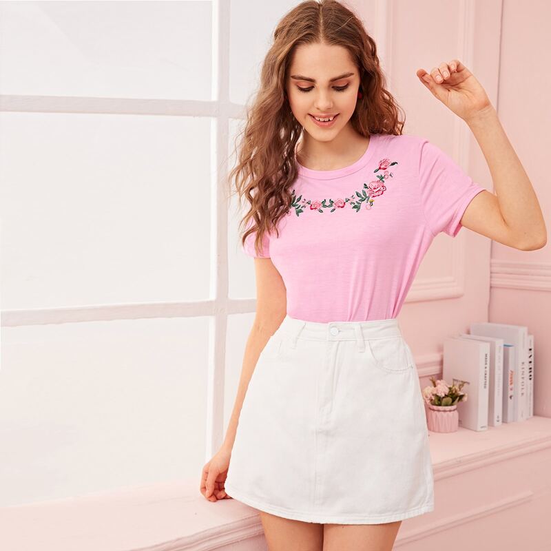 

Flower Embroidery Pink Tee