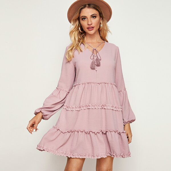 

Solid Tie Neck Tassel Frill Babydoll Dress, Pastel dusty pink