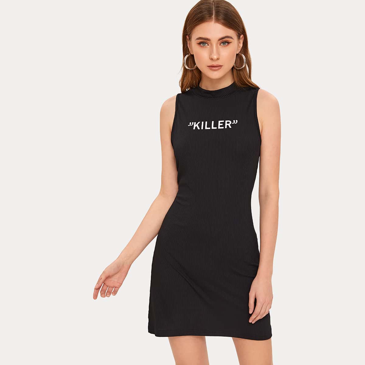 

Letter Graphic Mock Neck Black Tank Dress