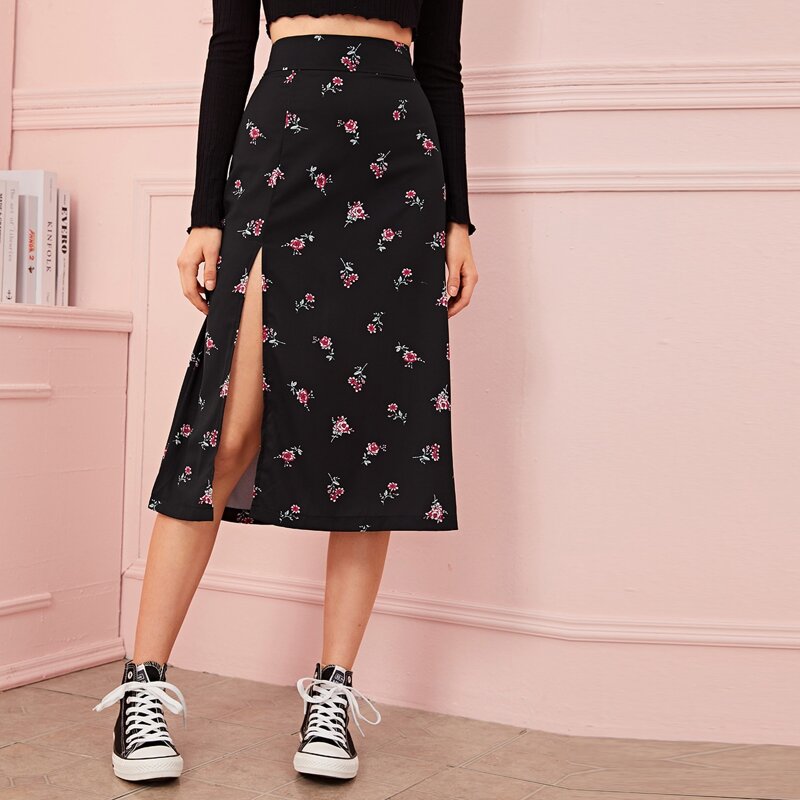 

High Waist Floral Split Thigh Skirt, Black