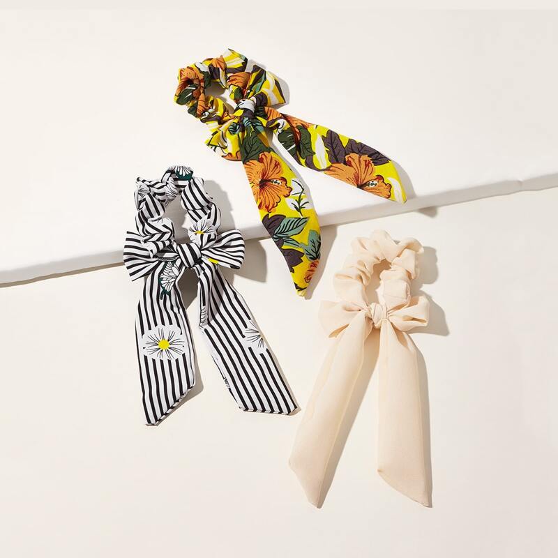 

3pcs Flower & Striped Pattern Scrunchie Scarf, Multicolor