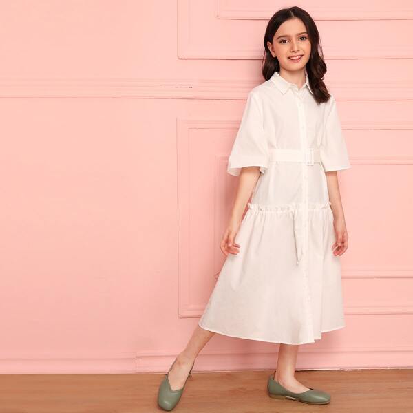 

Girls Frill Trim Belted Shirt Dress, White