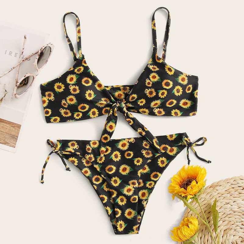 

Sunflower Knot Top With Tie Side Bikini Set, Multicolor