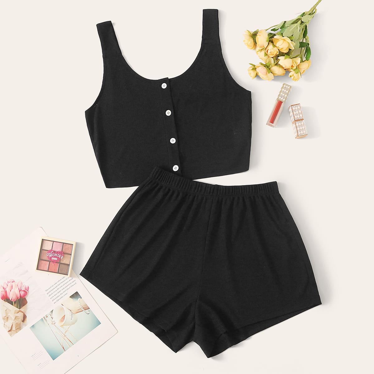

Rib Tank Top With Shorts PJ Set, Black