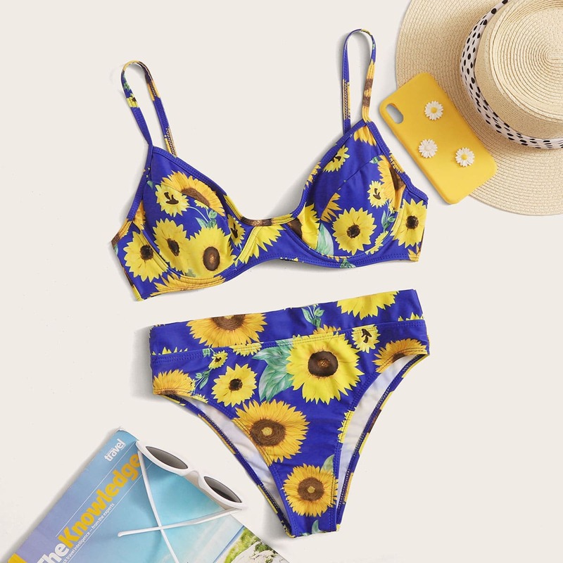 

Knot Back Sunflower Print Bikini Set, Multicolor