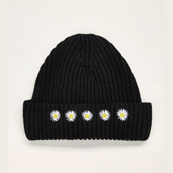 

Flower Embroidery Beanie, Black