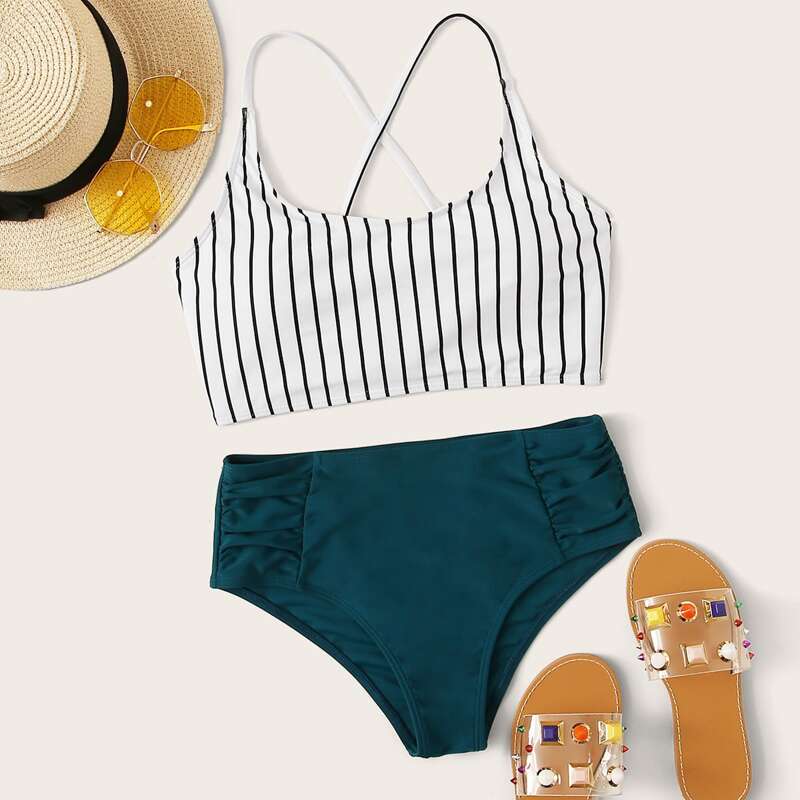 

Striped High Waisted Bikini Swimsuit, Multicolor