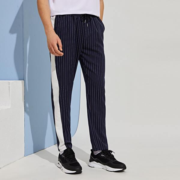 

Men Vertical Stripe Drawstring Pants, Navy