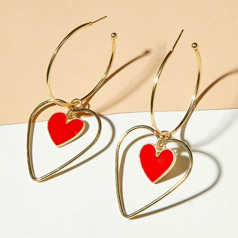 

1pair Heart Charm Hoop Drop Earrings, Gold