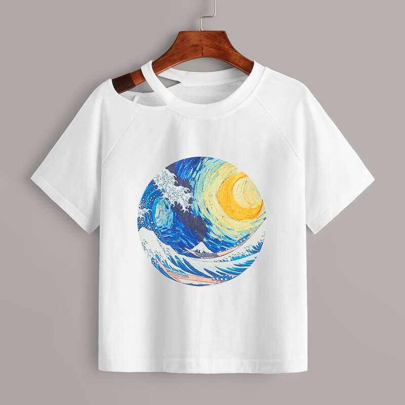

Cut Out Neck Wave Graphic Tee, White