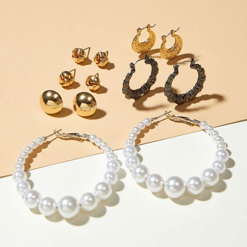 

6pairs Faux Pearl & Textured Earrings, Multicolor