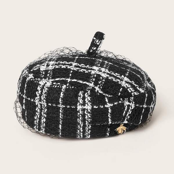 

Plaid Pattern Mesh Beret, Black and white