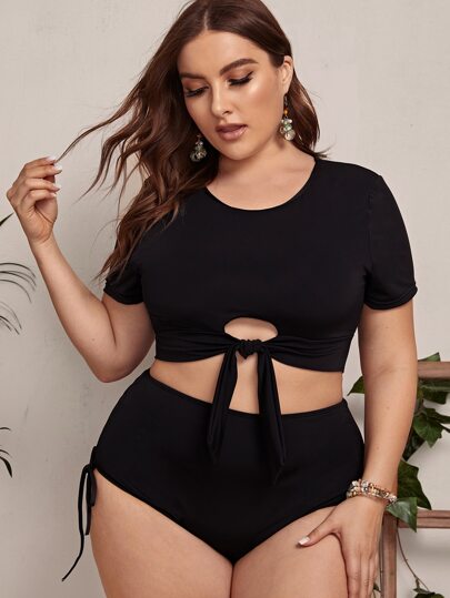 Plus Knot Front Short Sleeve Top With High Waist Tankini