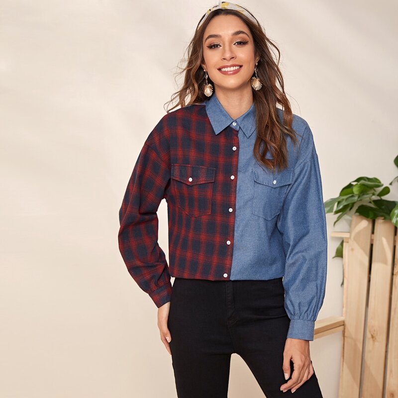 

Flap Pocket Patched Spliced Plaid Panel Blouse, Multicolor