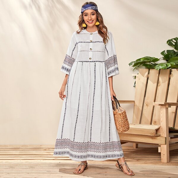 

Button Front Tribal Print Maxi Dress, White