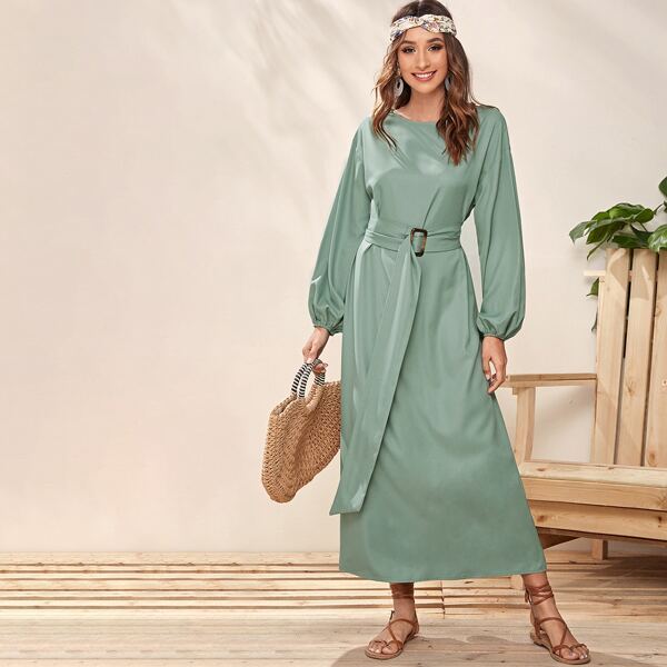 

Lantern Sleeve Buckle Belted Dress, Green