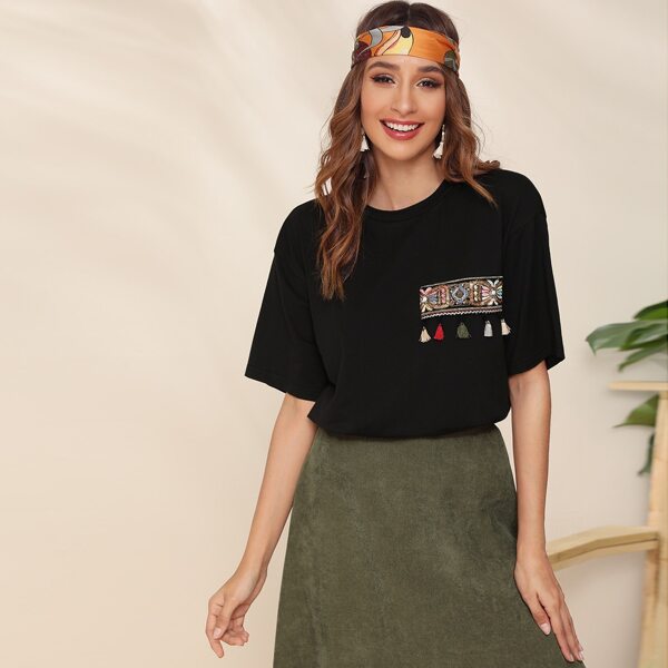 

Tribal Tape Tassel Detail Top, Black