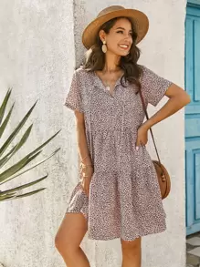 豹紋圖案繫帶領娃娃裙 - 彩色 - 查看 1