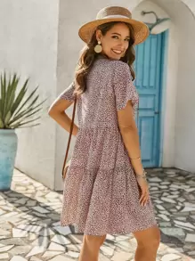 豹紋圖案繫帶領娃娃裙 - 彩色 - 查看 2