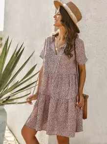 豹紋圖案繫帶領娃娃裙 - 彩色 - 查看 4