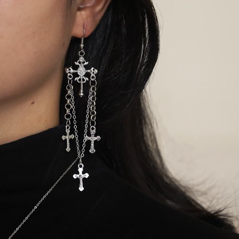 

1pair Cross Decor Chain Drop Earrings, Silver