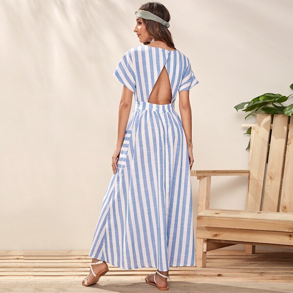 

Cutout Wrap Back Pocket Patched Striped Dress, Blue