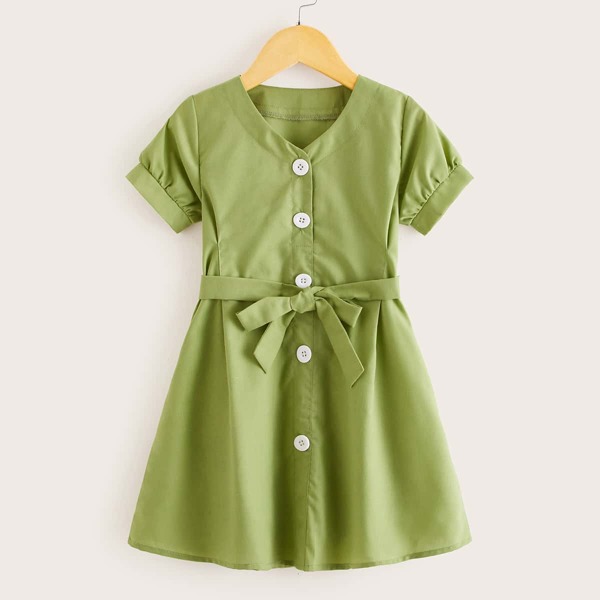 

Toddler Girls Button Front Self Tie Shirt Dress, Green