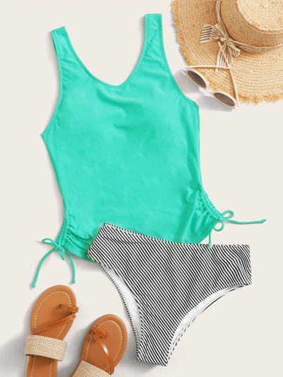 Drawstring Top With Striped High Waist Tankini