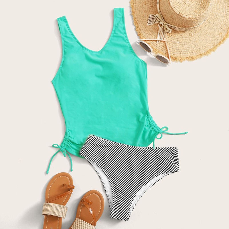 

Drawstring Striped High Waisted Bikini Swimsuit, Multicolor