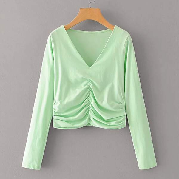 

V-Neck Ruched Crop Tee, Green