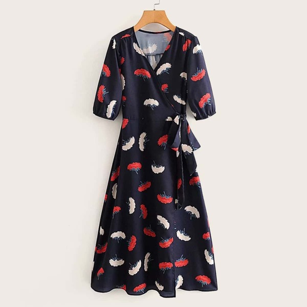 

Floral Print Self Tie Wrap Dress, Navy