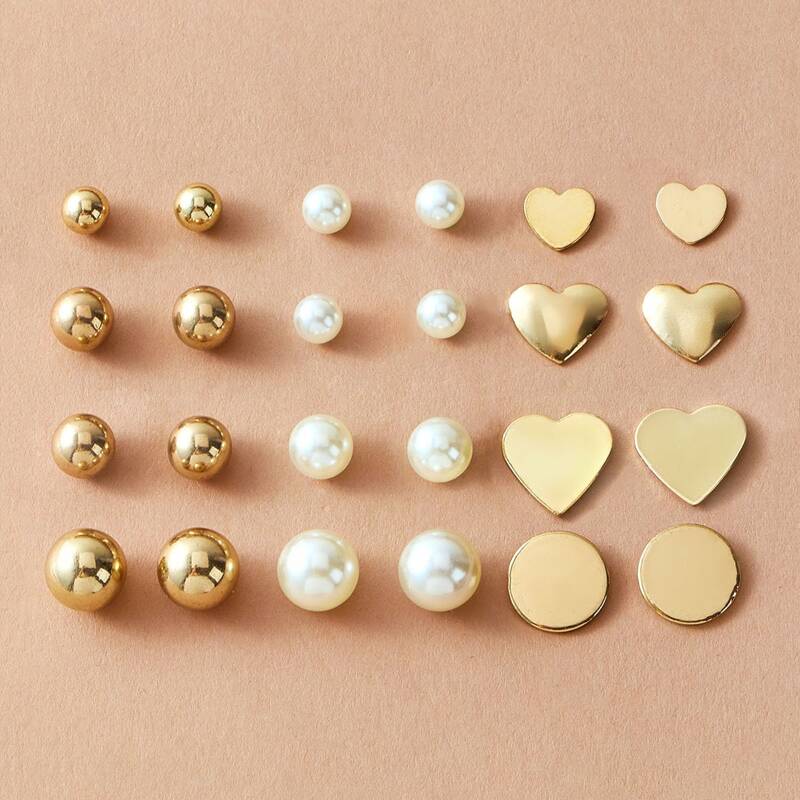

12pairs Faux Pearl & Heart Decor Earrings, Multicolor