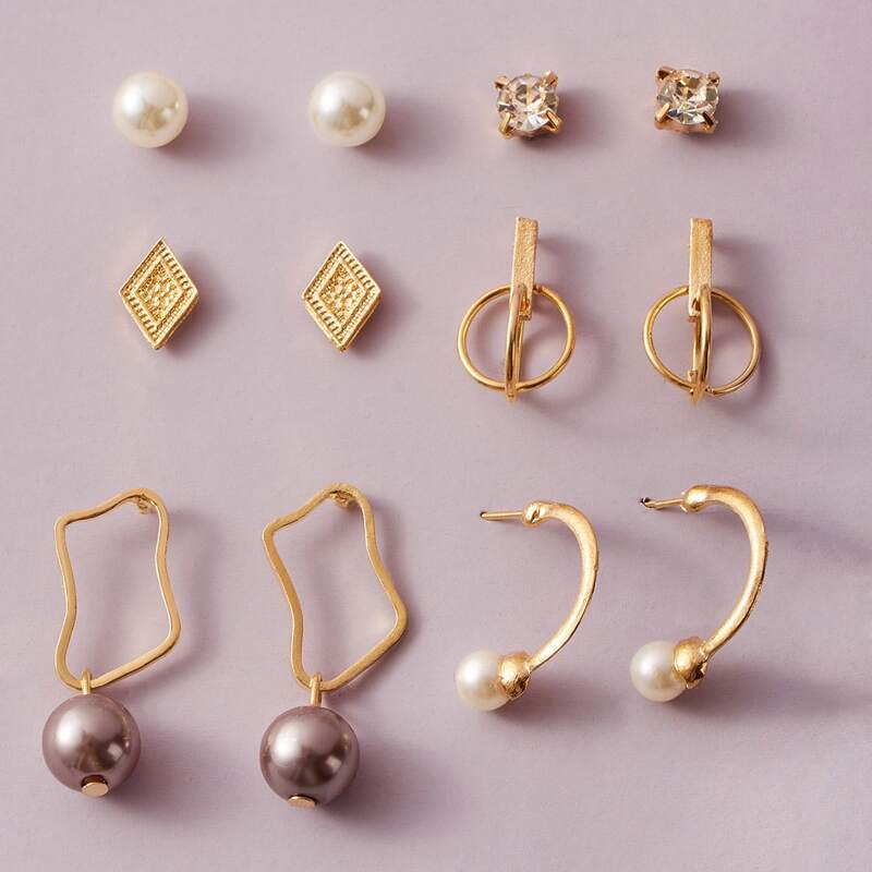 

6pairs Faux Pearl & Geometric Decor Earrings, Multicolor
