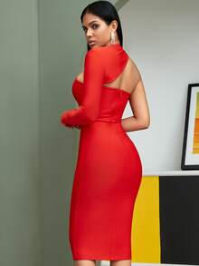 Vestido de vendaje con abertura de un hombro - Rojo - Ver 2