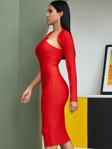 Vestido de vendaje con abertura de un hombro - Rojo - Ver 3