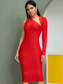 Vestido de vendaje con abertura de un hombro - Rojo - Ver 4