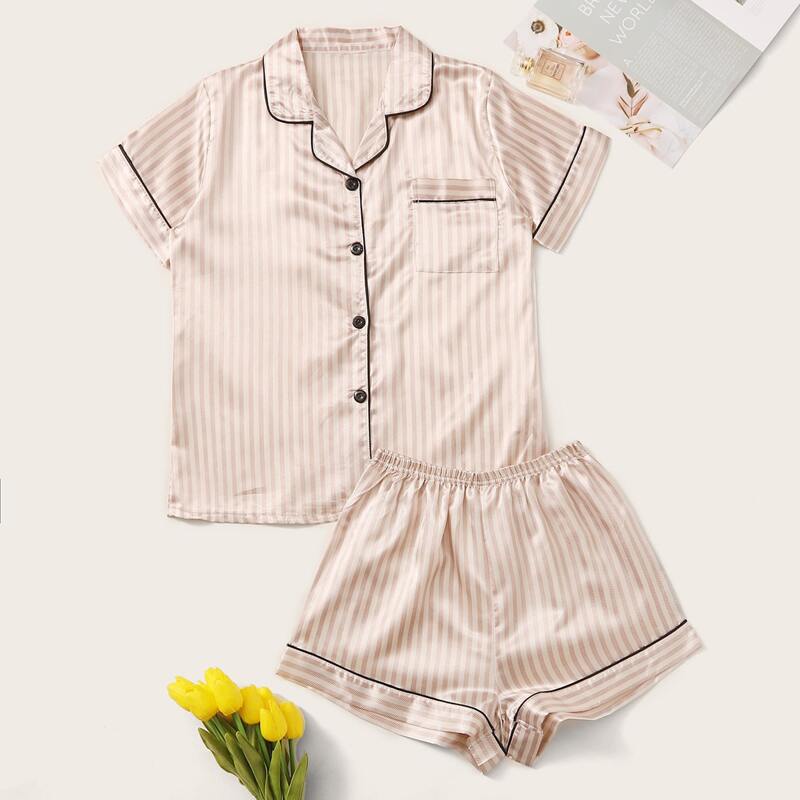 

Striped Piping Trim Satin PJ Set, Apricot