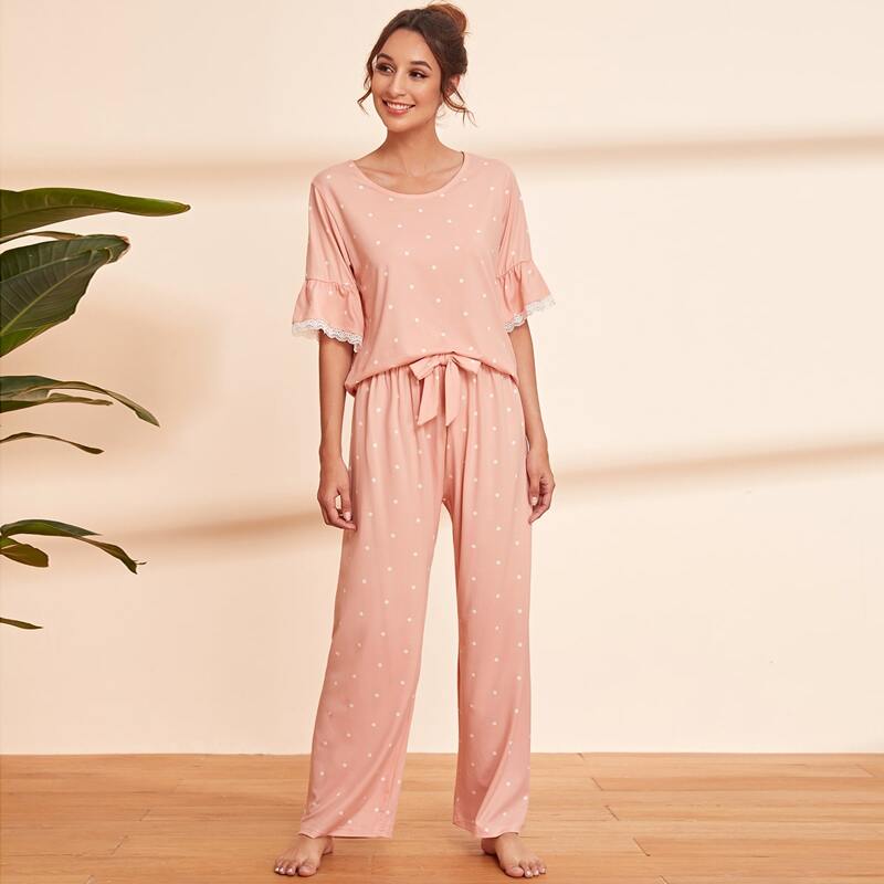 

Polka Dot Flounce Sleeve Drawstring PJ Set, Pink