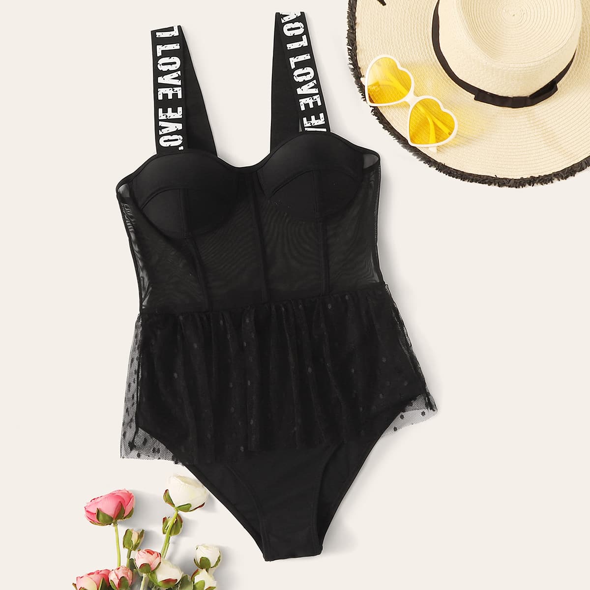 

Letter & Polka Dot Print Contrast Mesh One Piece Swimwear, Black