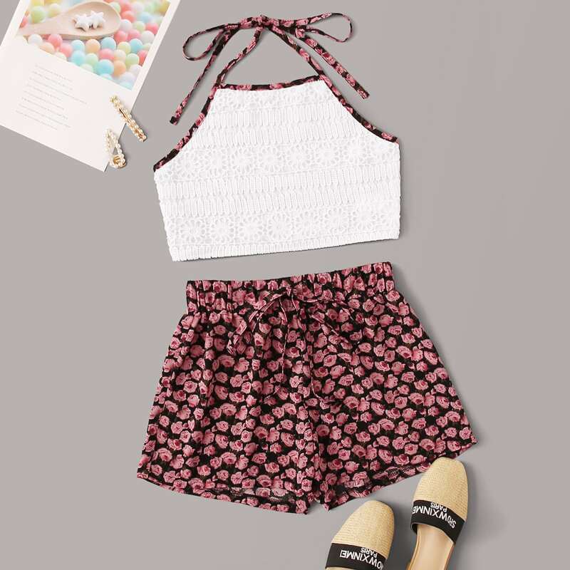 

Guipure Lace Halter Top & Ditsy Floral Shorts, Multicolor