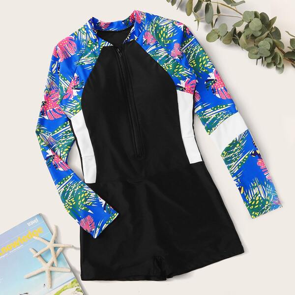 

Tropical Zipper Front Long Sleeve One Piece Swimsuit, Multicolor