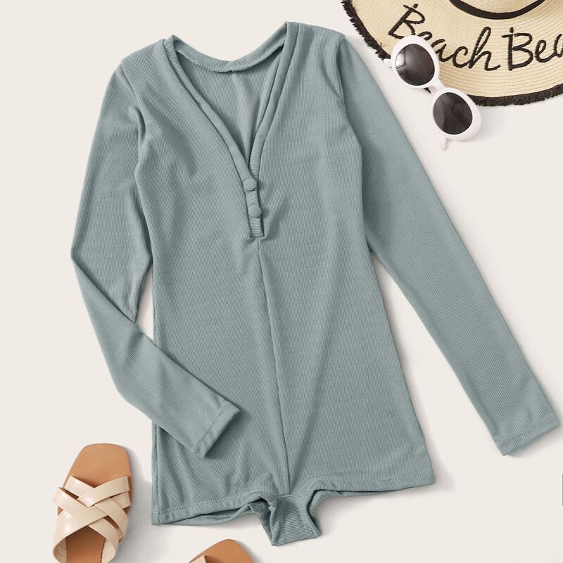 

Rib Long Sleeve One Piece Swimwear, Blue