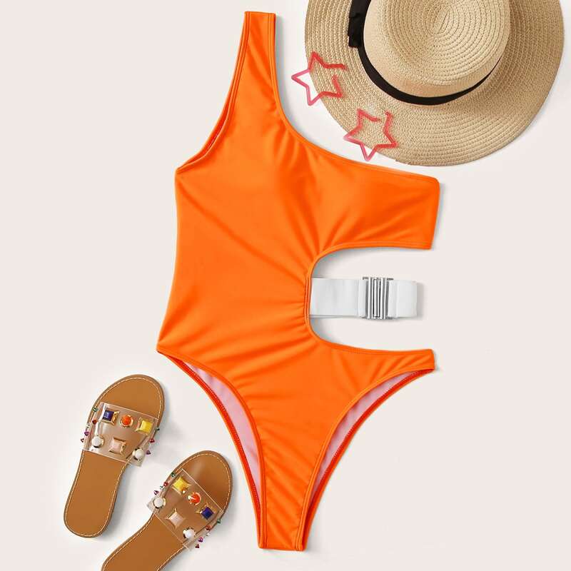 

Cut Our One Shoulder One Piece Swimwear, Orange bright