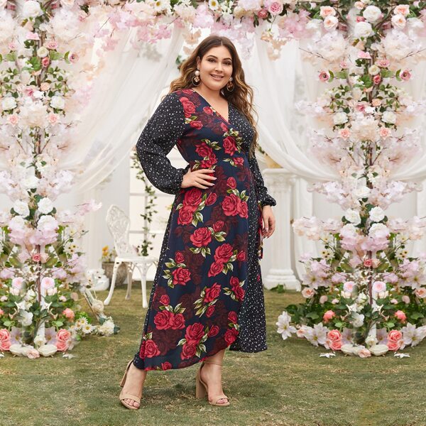 

Plus Contrast Floral And Ditsy Floral Print Wrap Dress, Multicolor